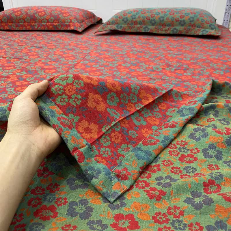 Drap-housse réversible en coton à motif floral champêtre - Rouge - Couvre-lit avec 2 taies d'oreiller - 270 cm x 245 cm - image 0