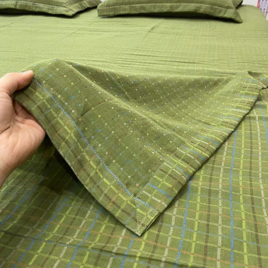 Drap-housse réversible en coton à carreaux vichy verts - Couvre-lit avec 2 taies d'oreiller - 270 cm x 245 cm - image 0