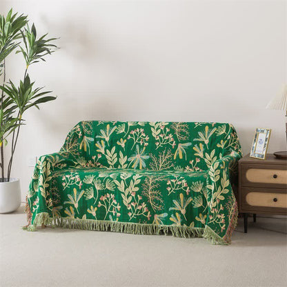 Couverture en coton à pompons à motif botanique de feuilles vertes - 230 cm x 250 cm - image 0