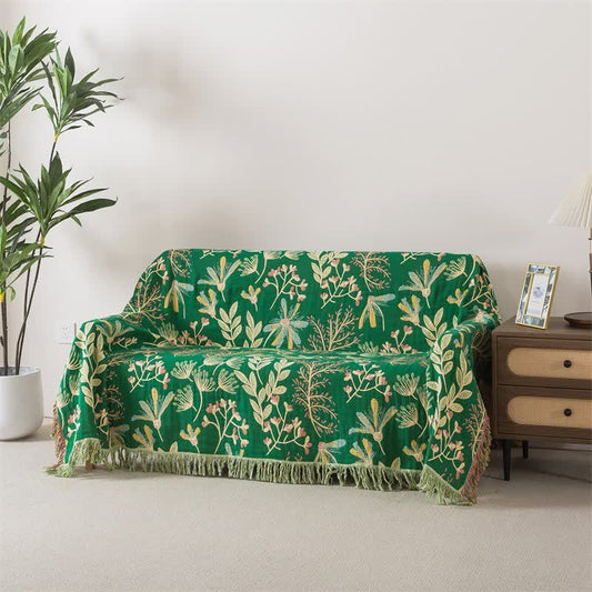 Couverture en coton à pompons à motif botanique de feuilles vertes - 230 cm x 250 cm - image 0