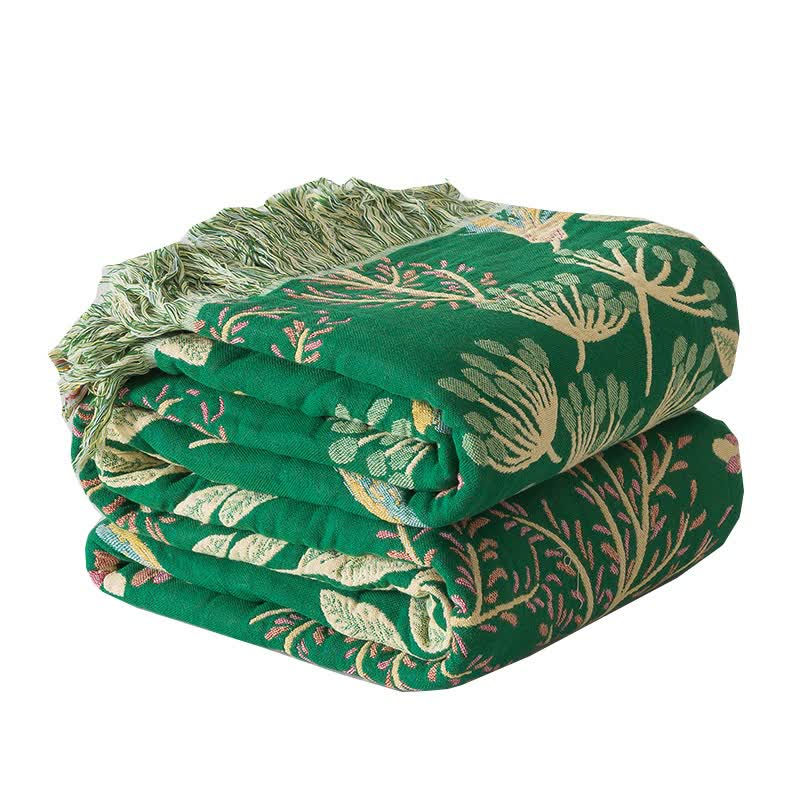 Couverture en coton à pompons à motif botanique de feuilles vertes - image 1