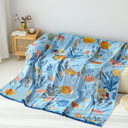 Couverture réversible en gaze de coton à motif océan - 230 cm x 250 cm - image 0