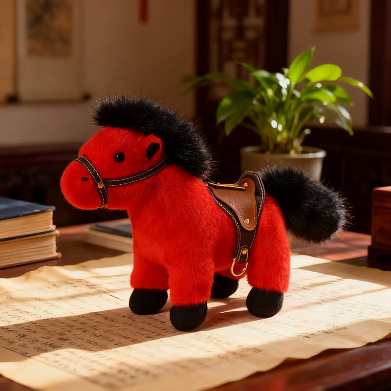 Poney en peluche réaliste avec selle en similicuir - Rouge - 2 pièces - 30 cm - image 4