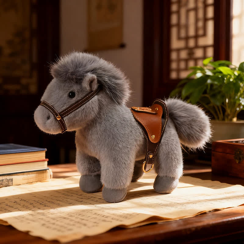Poney en peluche réaliste avec selle en similicuir - Gris - 2 pièces - 30 cm - image 10