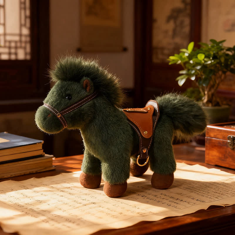 Poney en peluche réaliste avec selle en similicuir - Vert - 2 pièces - 30 cm - image 6