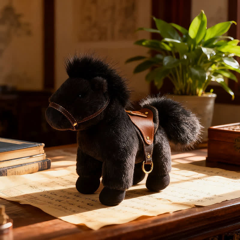 Poney en peluche réaliste avec selle en similicuir - Noir - 2 pièces - 30 cm - image 9