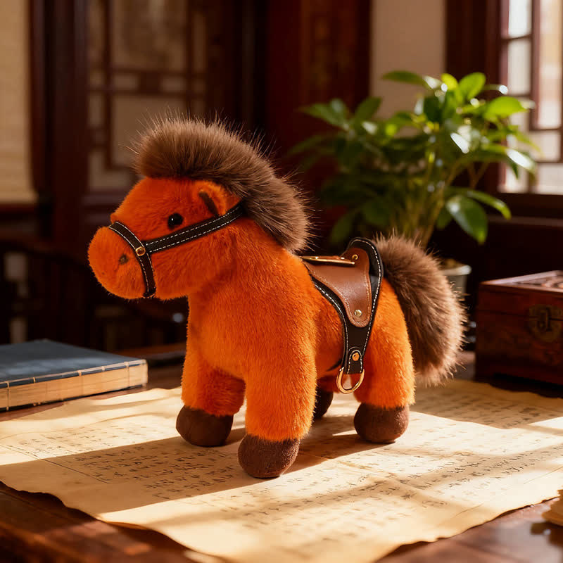 Poney en peluche réaliste avec selle en similicuir - Orange - 2 pièces - 30 cm - image 8