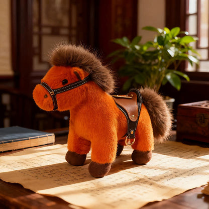 Poney en peluche réaliste avec selle en similicuir - Orange - 2 pièces - 30 cm - image 8