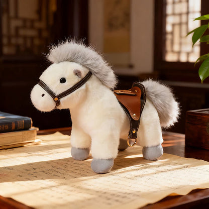 Poney en peluche réaliste avec selle en similicuir - Blanc - 2 pièces - 30 cm - image 5