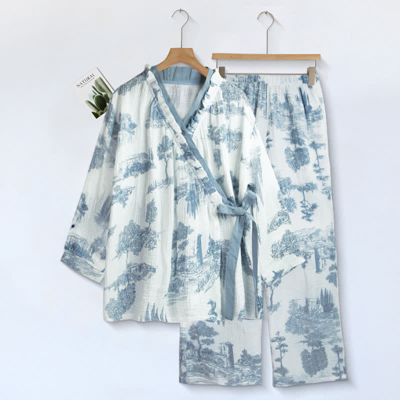 Ensemble de vêtements d'intérieur avec col à volants et motif paysage - Blanc - XL - image 0