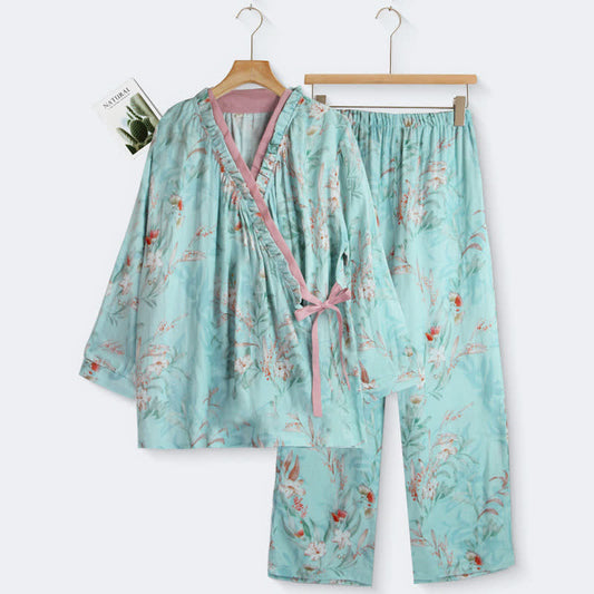 Vêtements d'intérieur en coton à motif floral oriental et col à volants - Cyan - XL - image 0