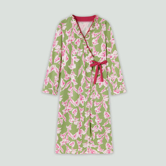 Chemise de nuit kimono artistique à fleurs et à volants - Vert - 4XL - image 0