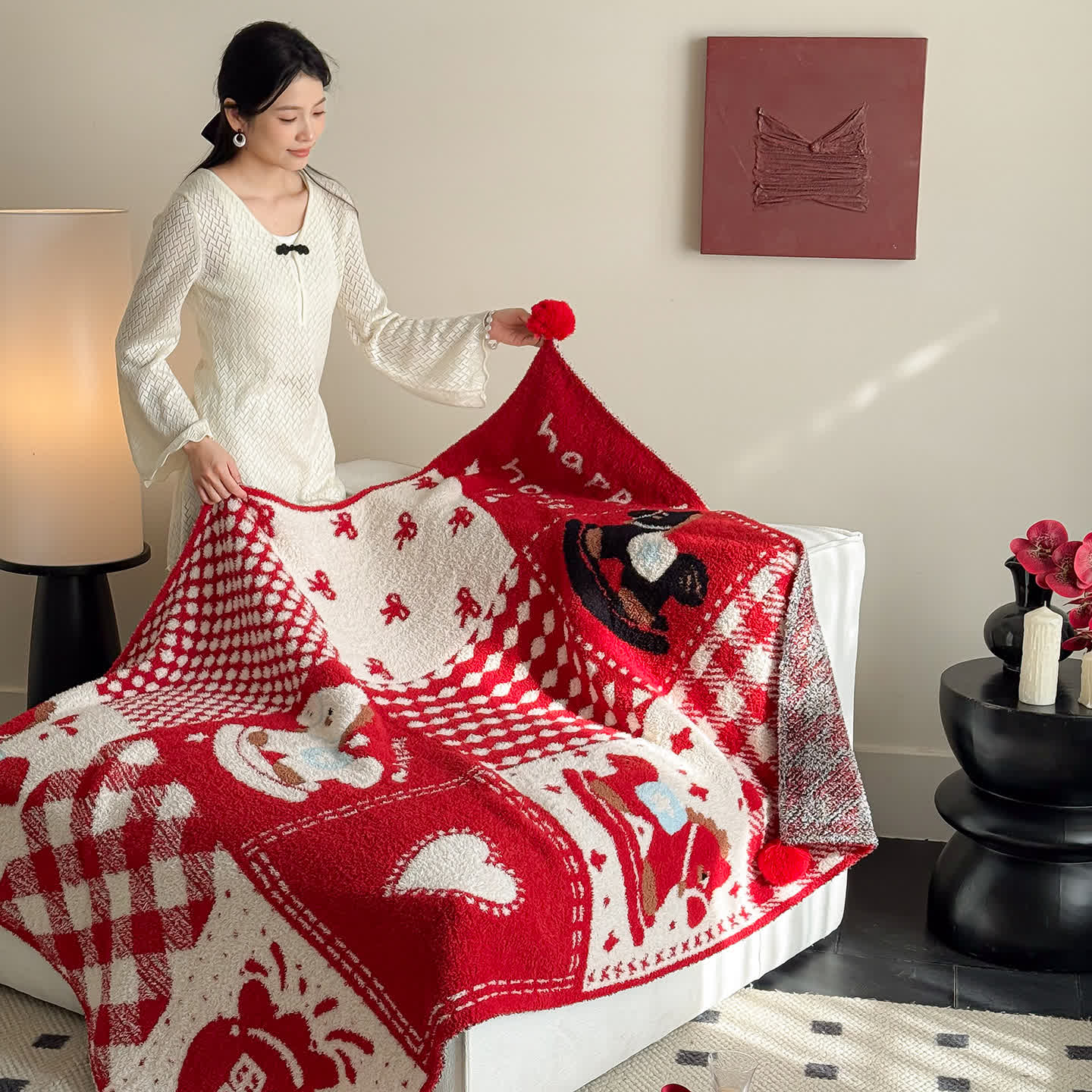 plaid patchwork rouge et blanc festif - 130 cm x 170 cm - image 0