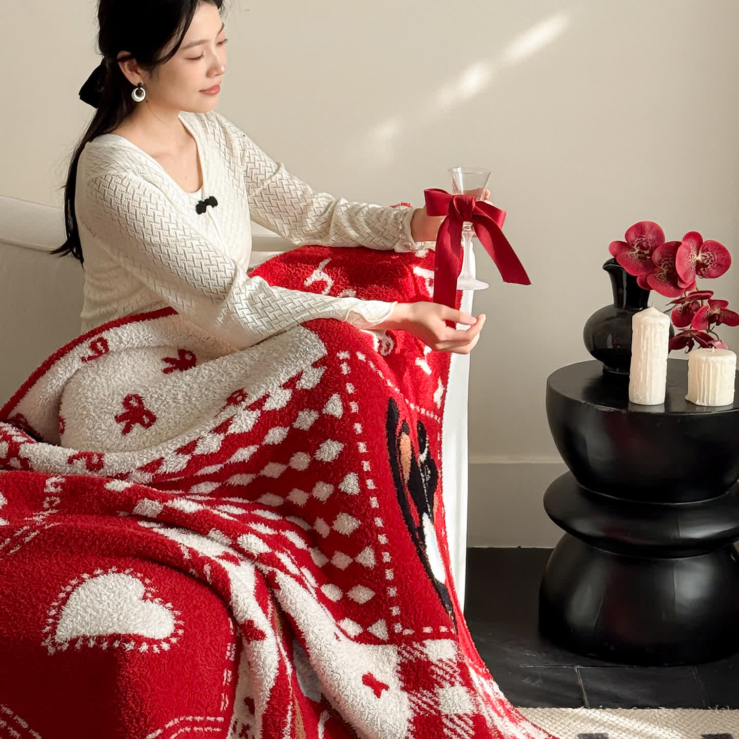 plaid patchwork rouge et blanc festif - image 6