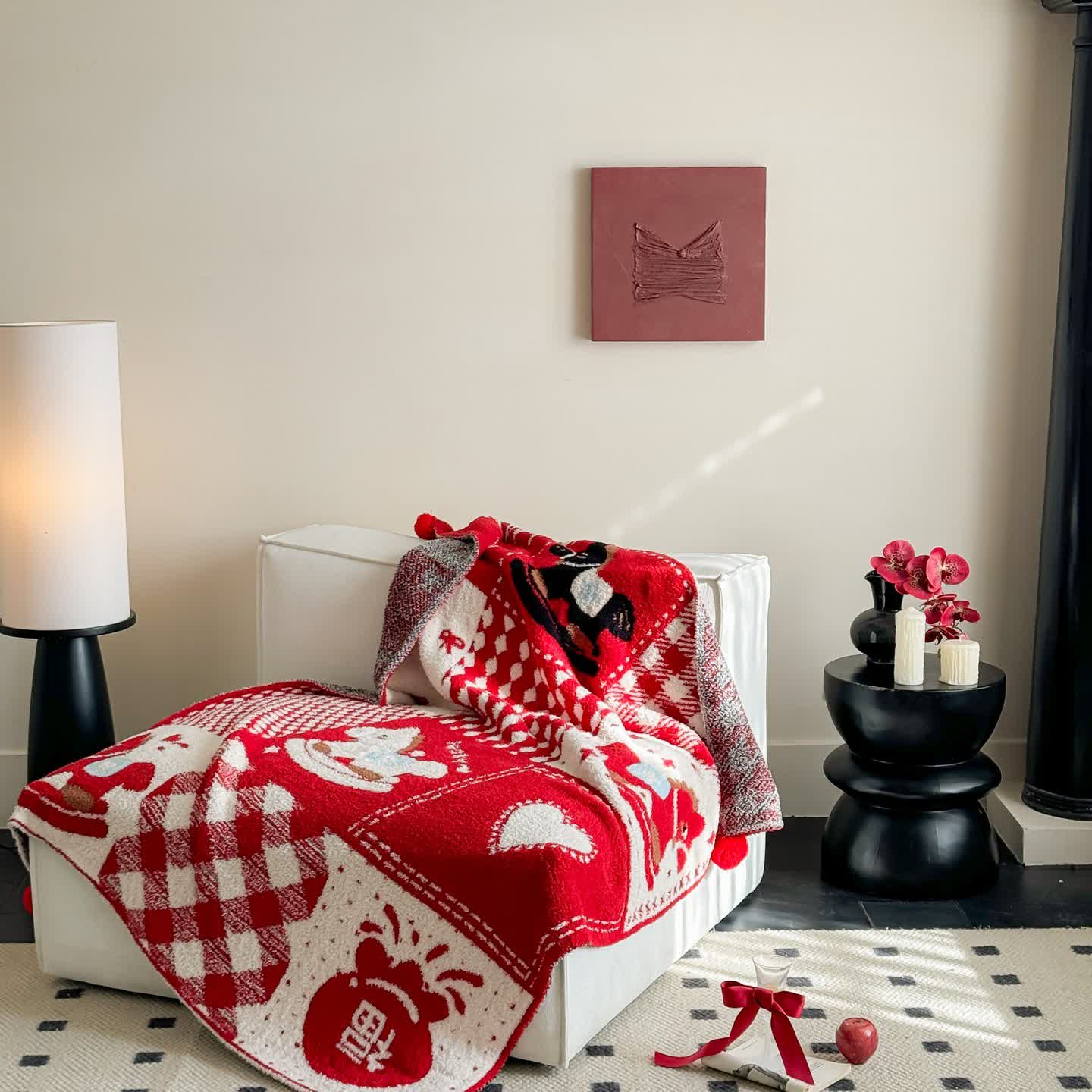 plaid patchwork rouge et blanc festif - image 1