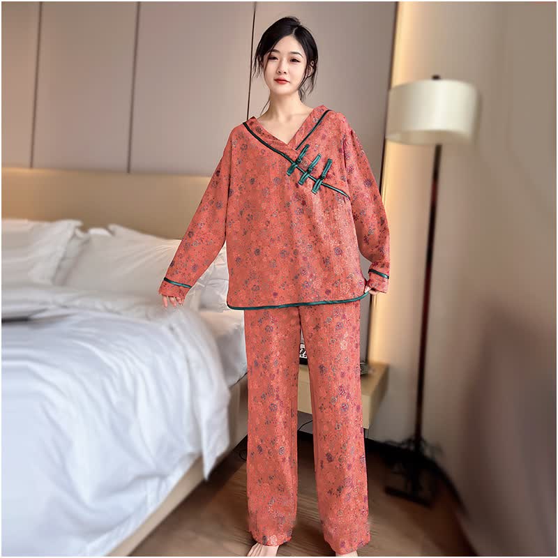 Ensemble pyjama oversize en coton avec bouton grenouille et rose - corail orange - 4XL - image 2