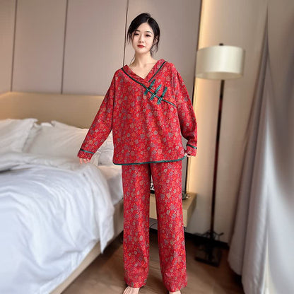 Ensemble pyjama oversize en coton avec bouton grenouille et rose - Rouge - 4XL - image 0