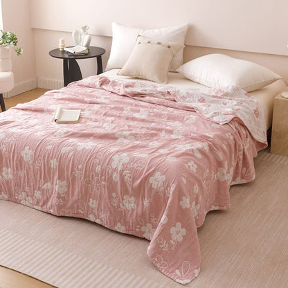Couette élégante en gaze de coton à trois épaisseurs avec motif jacquard floral - Rose - 200 cm x 230 cm - image 0