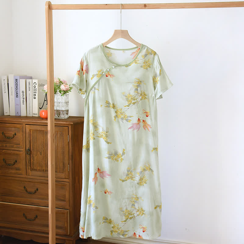 Chemise de nuit vintage à motifs orientaux de carpes koï et de fleurs - Vert - XL - image 0