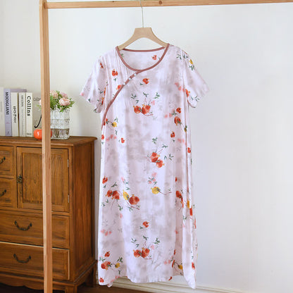 Chemise de nuit de style oriental à motif de grenade et à manches courtes - Rose - XL - image 1