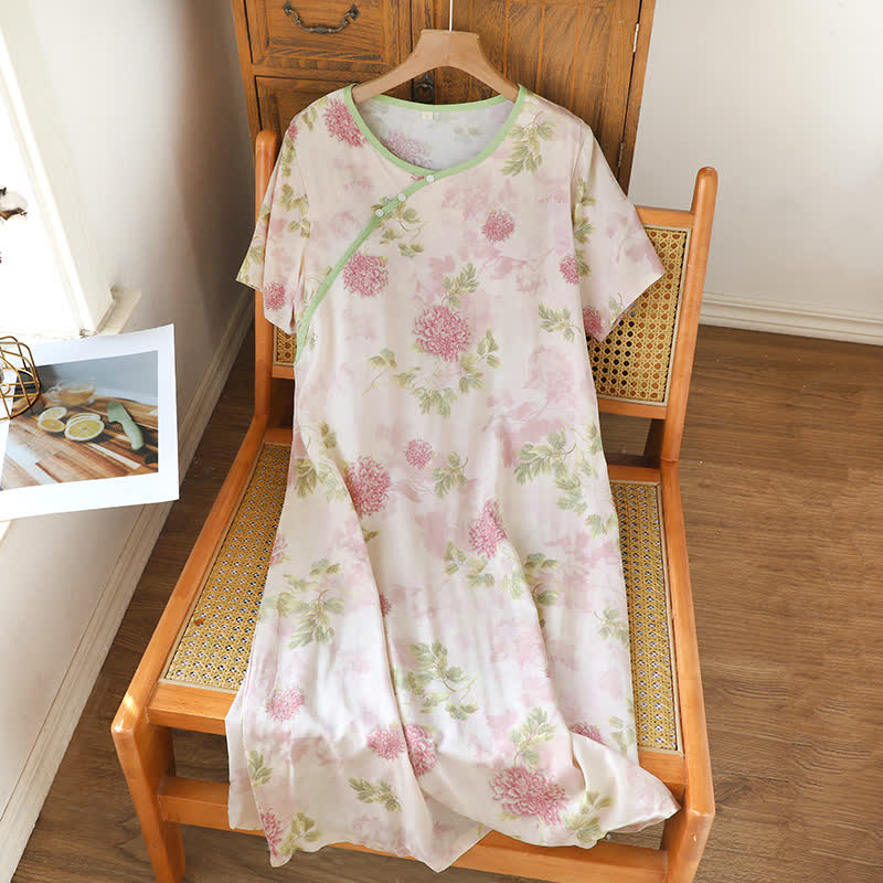 Chemise de nuit romantique orientale à motifs floraux et manches courtes - Rose - XL - image 0