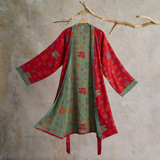 Robe kimono en gaze de coton à motif porte-bonheur - Rouge - XL - image 0