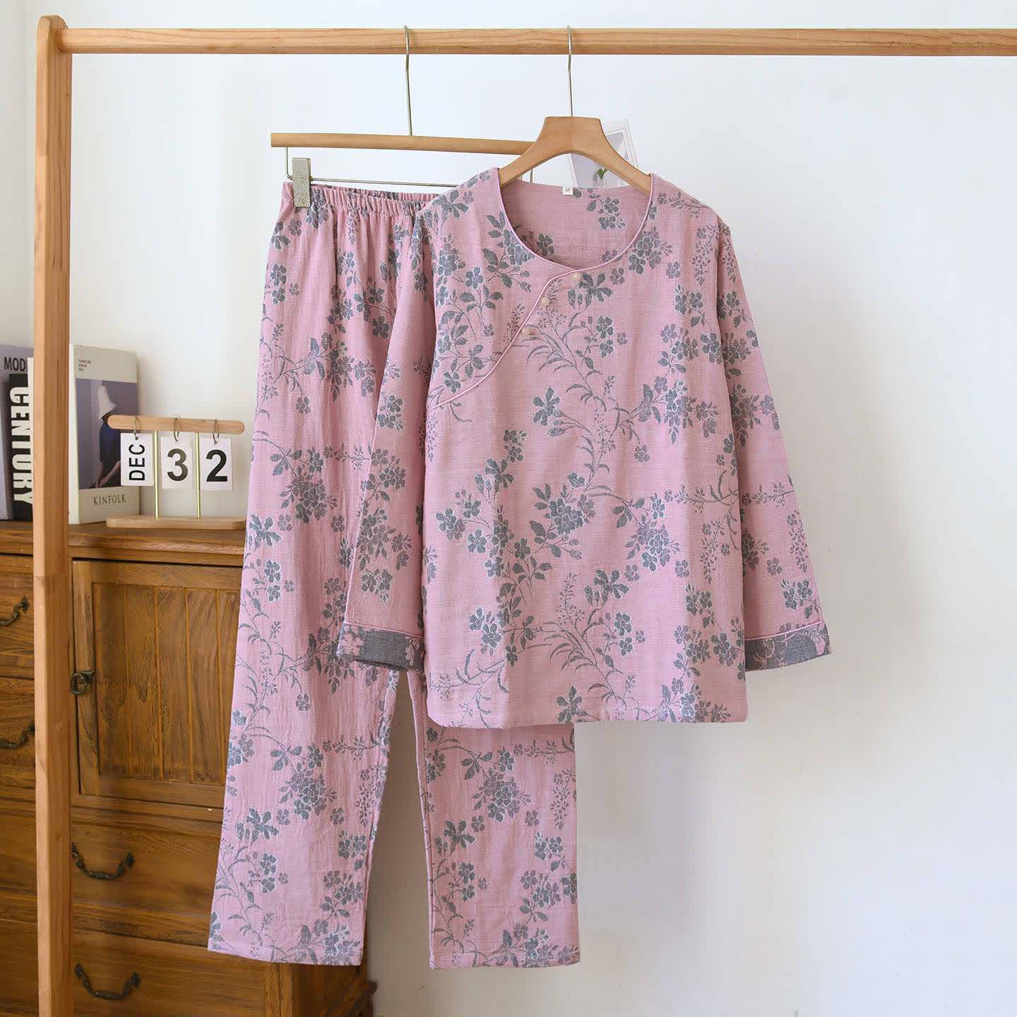 Pyjama en gaze de coton à motif jacquard de fleurs de prunier - Rose - XL - image 14