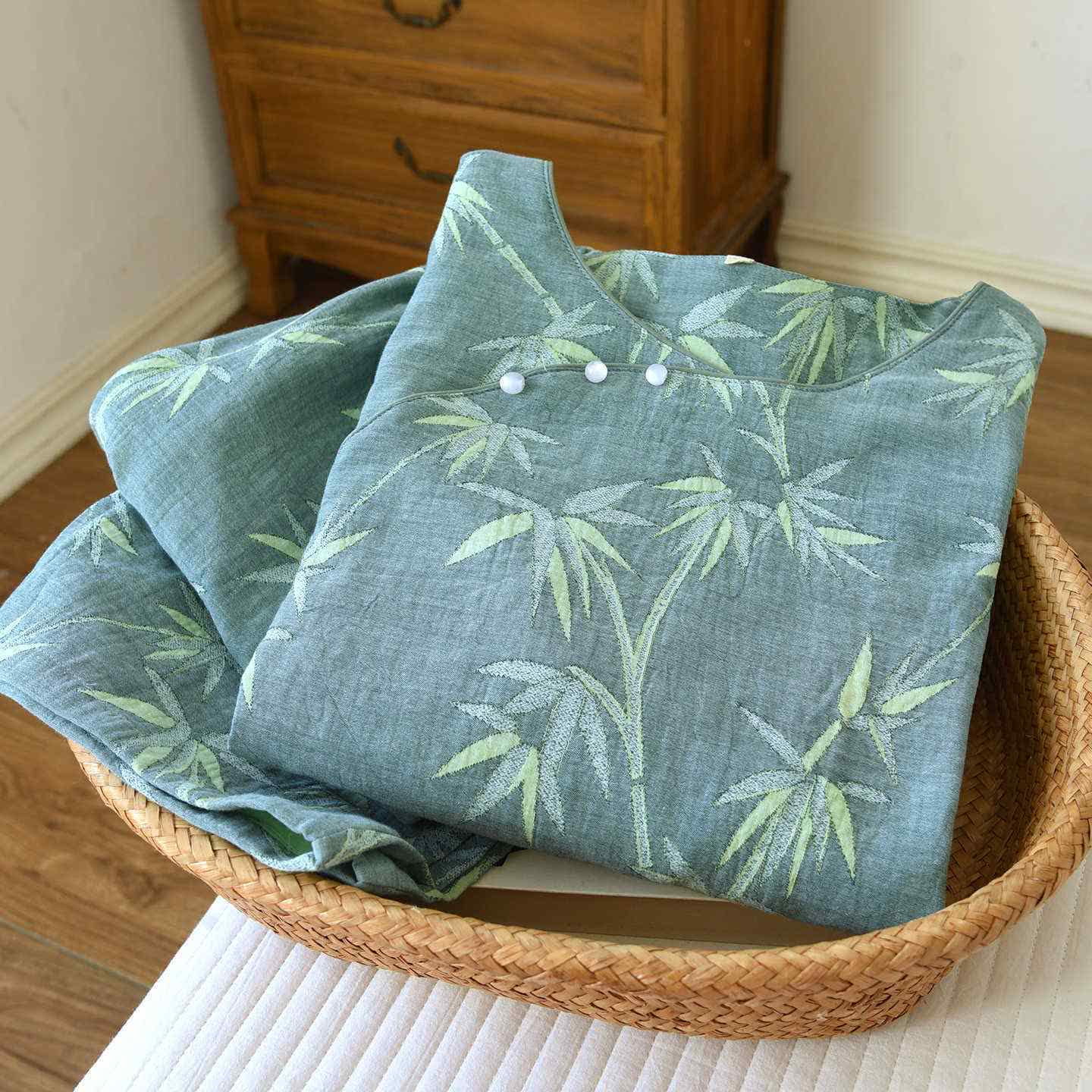 Pyjama en gaze de coton jacquard de bambou vert - image 4