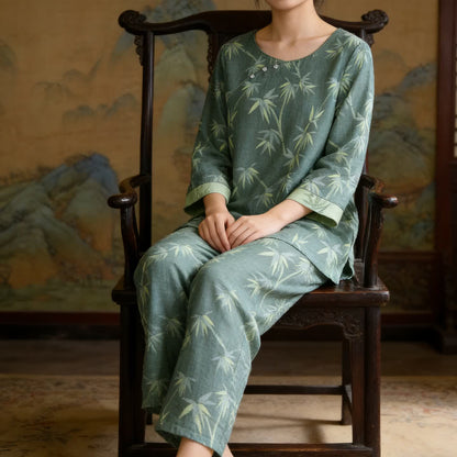 Pyjama en gaze de coton jacquard de bambou vert - image 1