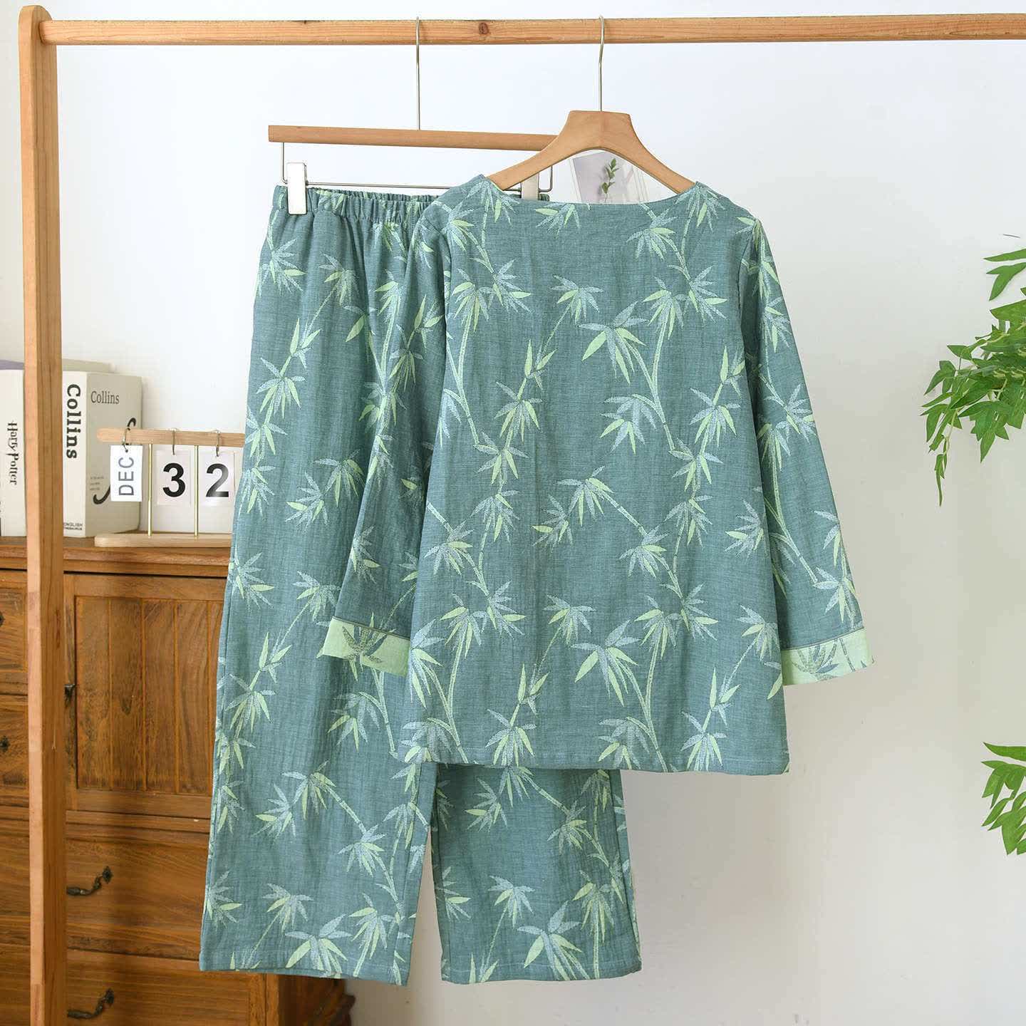 Pyjama en gaze de coton jacquard de bambou vert - image 3