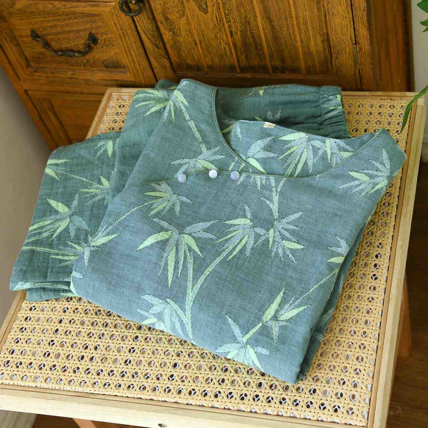 Pyjama en gaze de coton jacquard de bambou vert - image 5