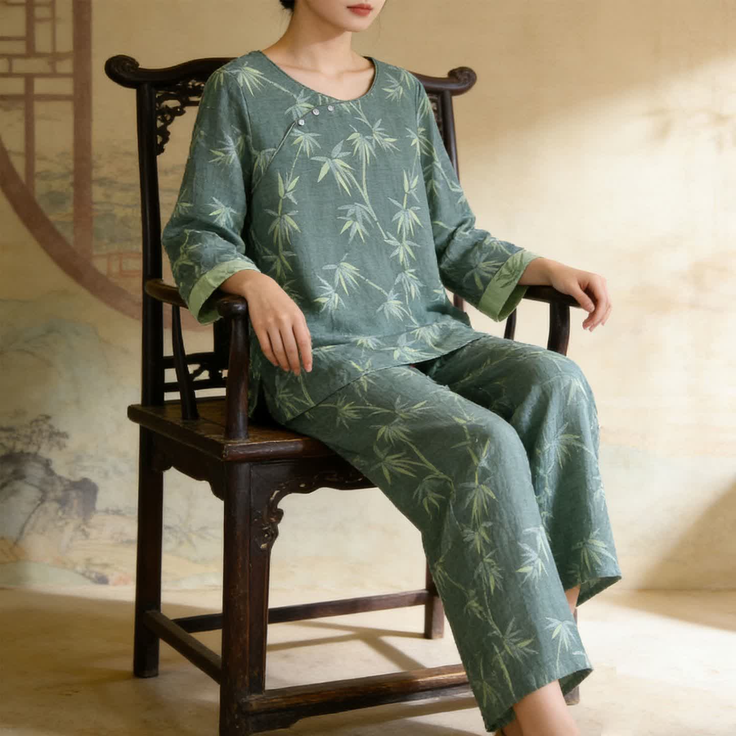 Pyjama en gaze de coton jacquard de bambou vert - image 2