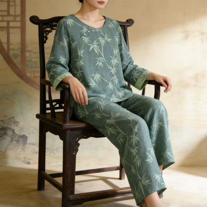 Pyjama en gaze de coton jacquard de bambou vert - image 2