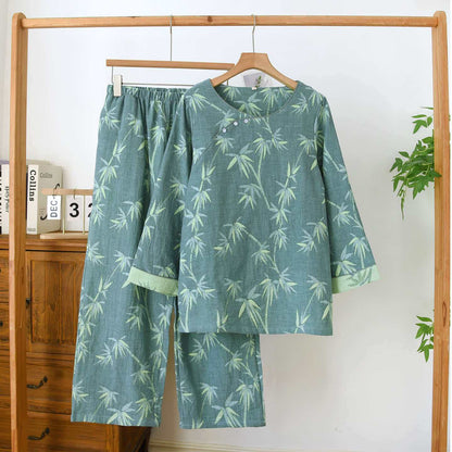 Pyjama en gaze de coton jacquard de bambou vert - Vert - XL - image 0