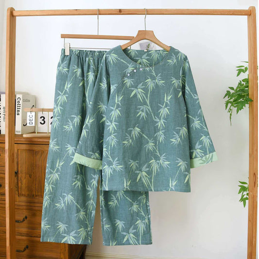 Pyjama en gaze de coton jacquard de bambou vert - Vert - XL - image 0