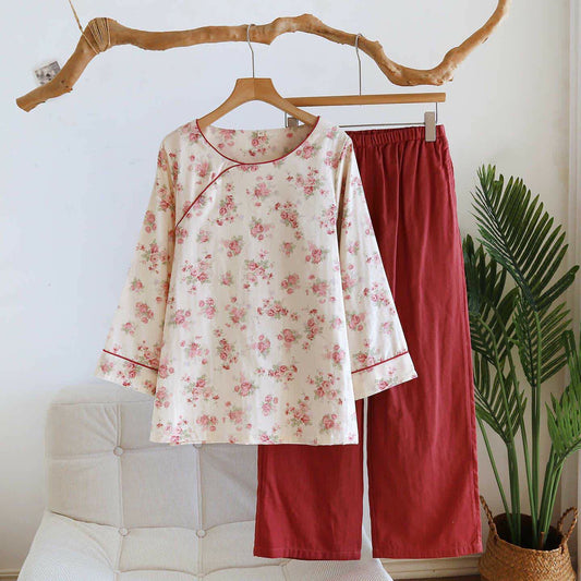 Pyjama romantique à roses en gaze de coton - Rouge - XL - image 0