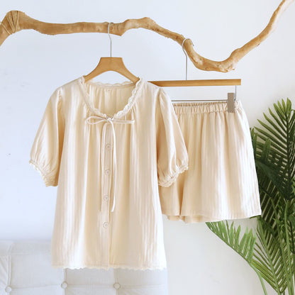 Ensemble pyjama court uni avec bordure en dentelle - Beige - XL - image 3