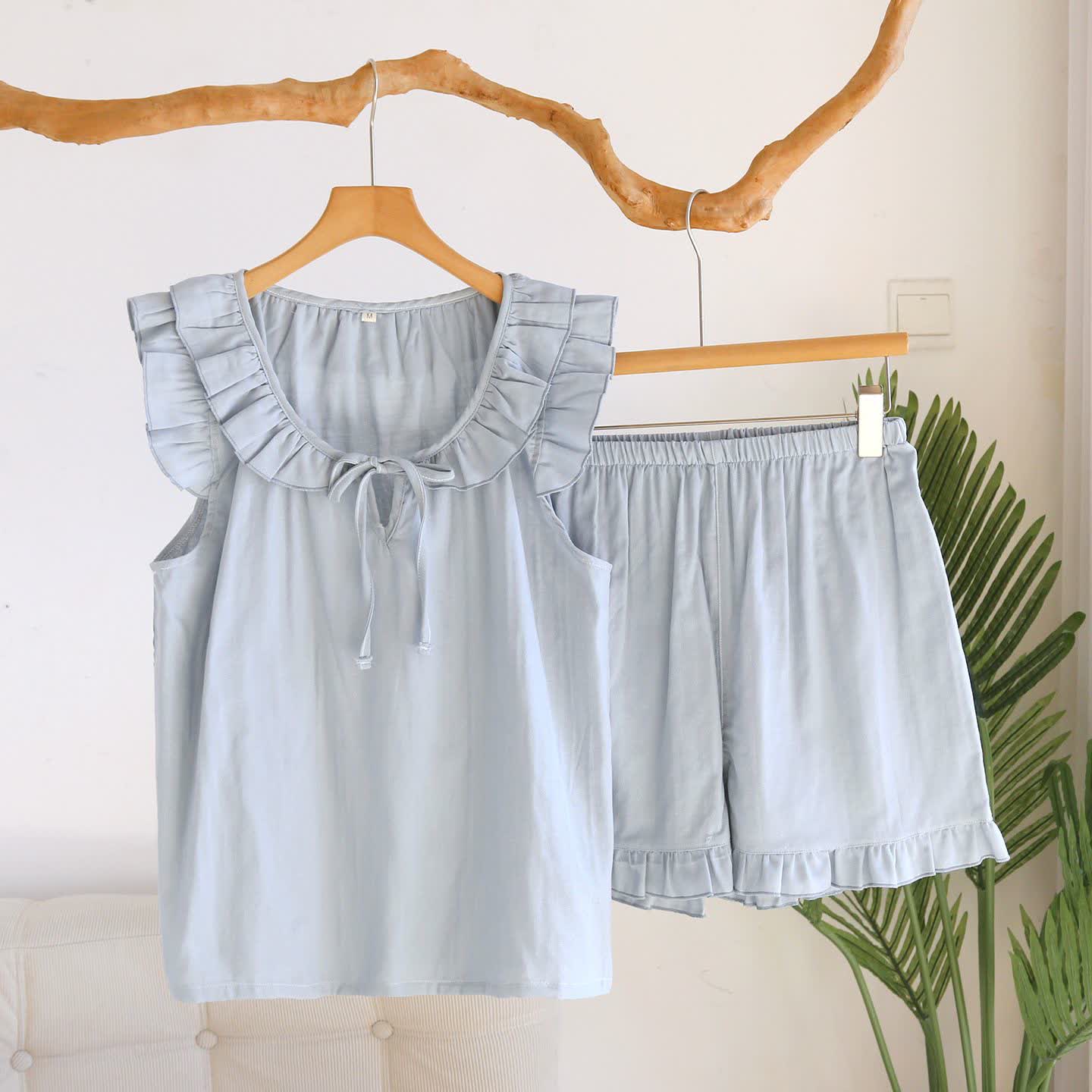 Ensemble pyjama débardeur à volants uni - Bleu - XL - image 3