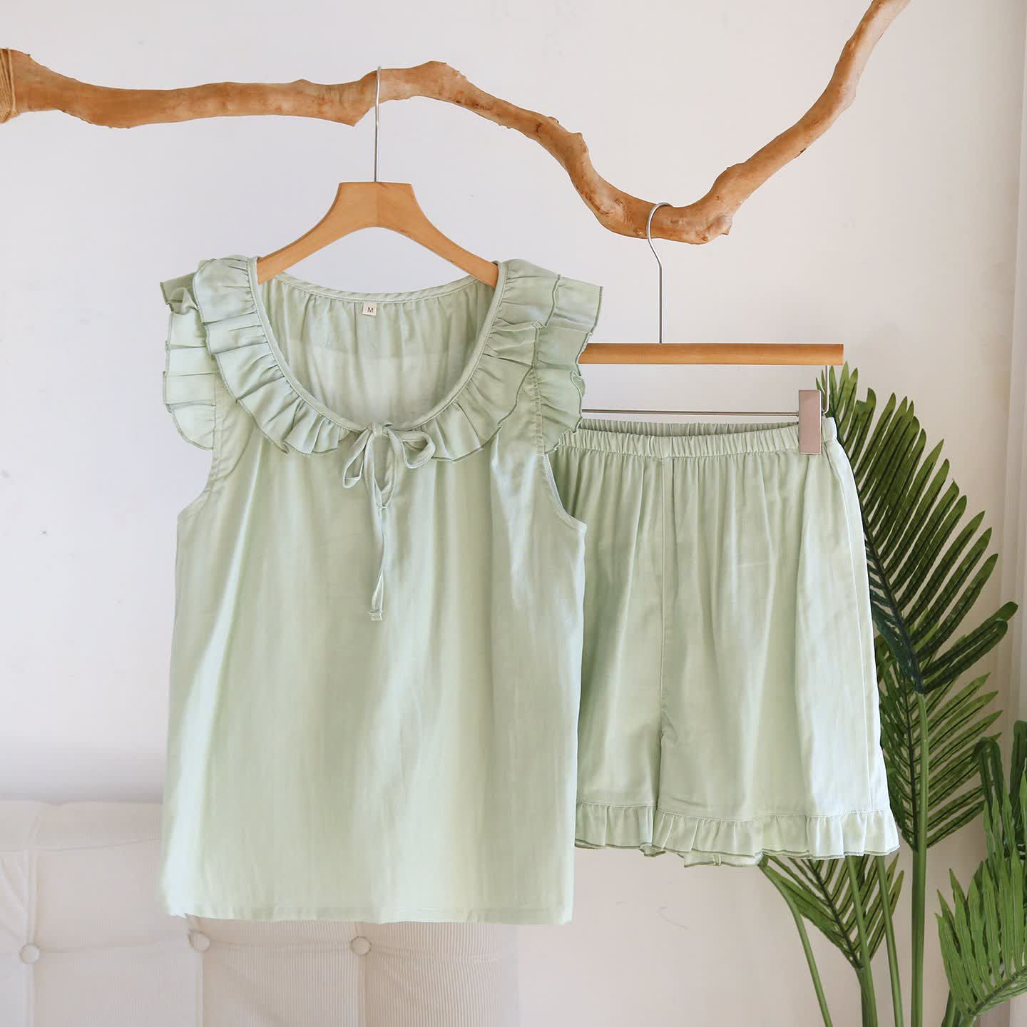 Ensemble pyjama débardeur à volants uni - Vert - XL - image 4