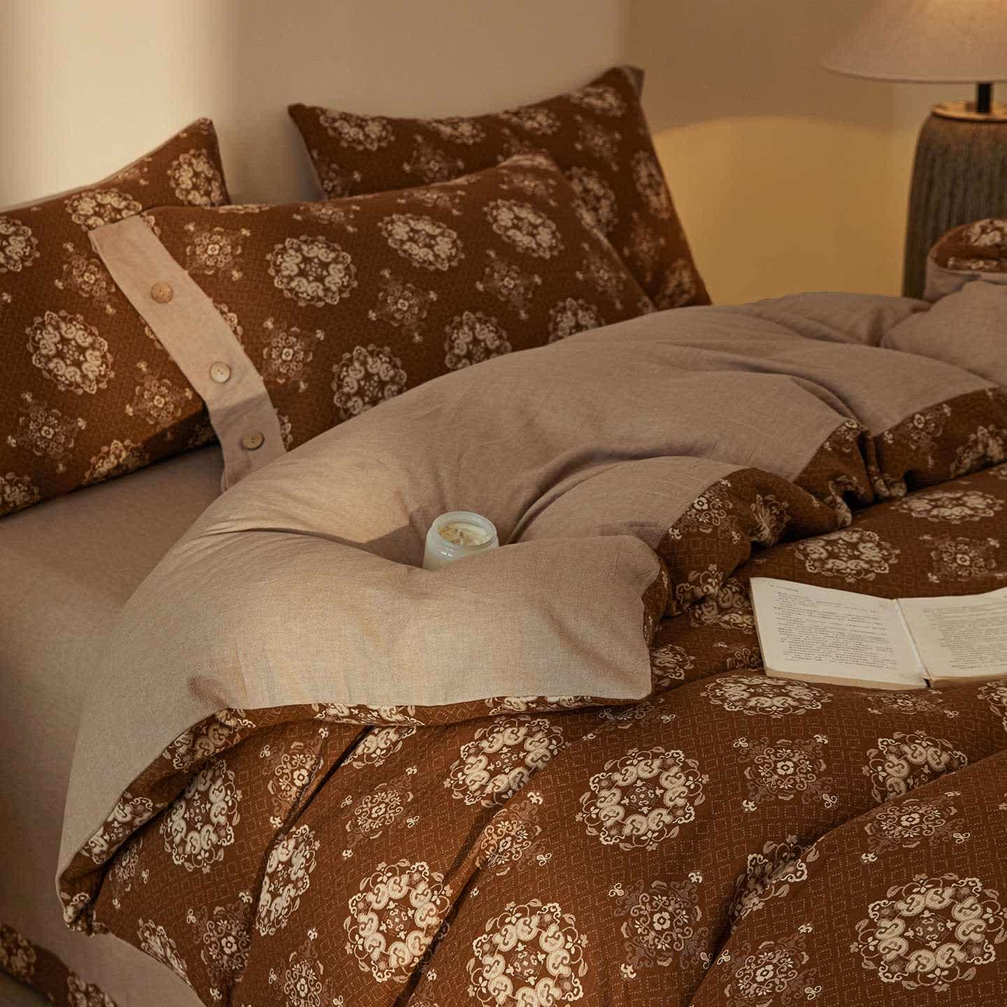 Parure de lit vintage en double gaze de coton à motifs géométriques (4 pièces) - Café - 220 cm x 240 cm - image 9