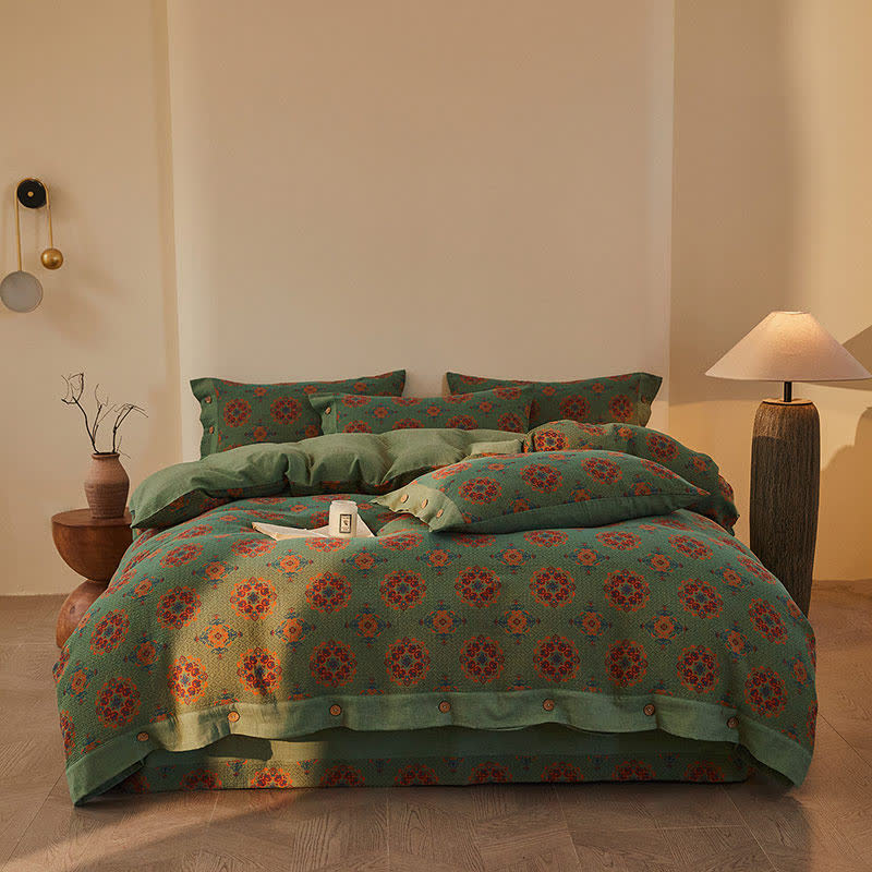 Parure de lit vintage en double gaze de coton à motifs géométriques (4 pièces) - image 1