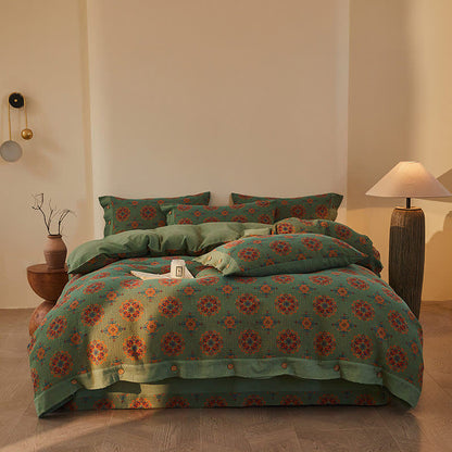 Parure de lit vintage en double gaze de coton à motifs géométriques (4 pièces) - image 1