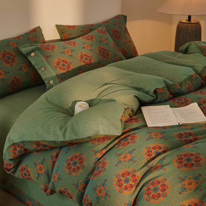 Parure de lit vintage en double gaze de coton à motifs géométriques (4 pièces) - Vert - 220 cm x 240 cm - image 0