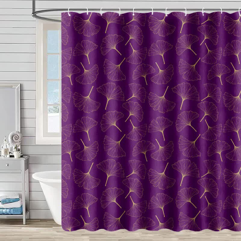 Rideau de douche à motif de feuilles de ginkgo dessinées au trait - Violet - 230 cm x 180 cm - image 2