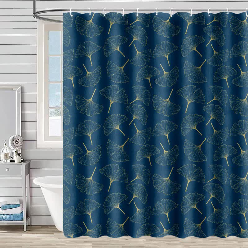 Rideau de douche à motif de feuilles de ginkgo dessinées au trait - Bleu - 230 cm x 180 cm - image 4