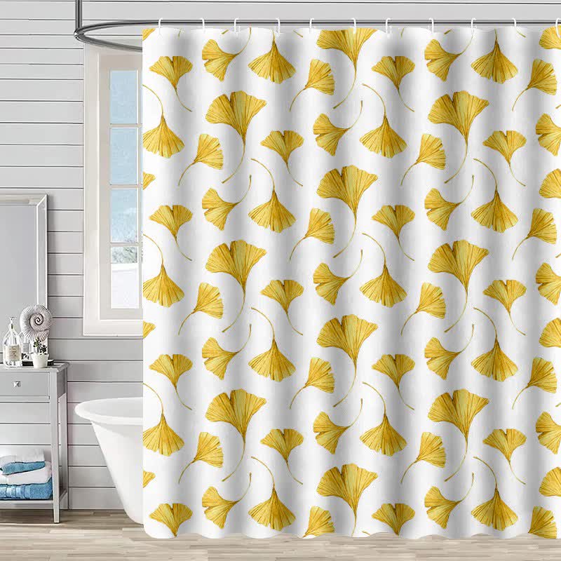 Rideau de douche à motif de feuilles de ginkgo dorées - Blanc - 230 cm x 180 cm - image 6