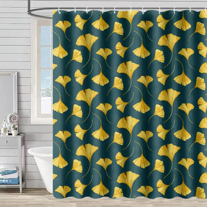 Rideau de douche à motif de feuilles de ginkgo dorées - vert foncé - 230 cm x 180 cm - image 0