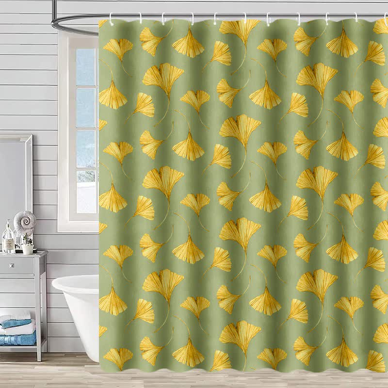 Rideau de douche à motif de feuilles de ginkgo dorées - Vert clair - 230 cm x 180 cm - image 4