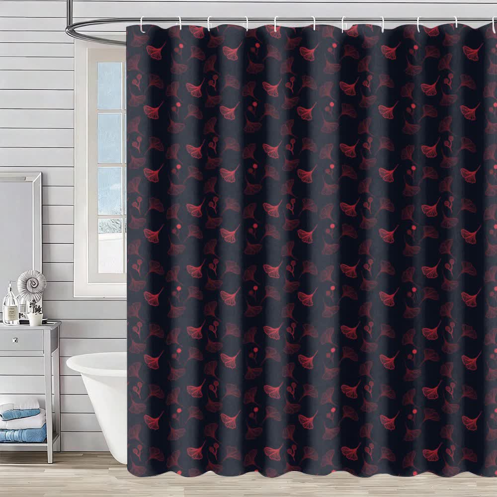 Rideau de douche à motif de feuilles de ginkgo - Noir et rouge - 230 cm x 180 cm - image 0