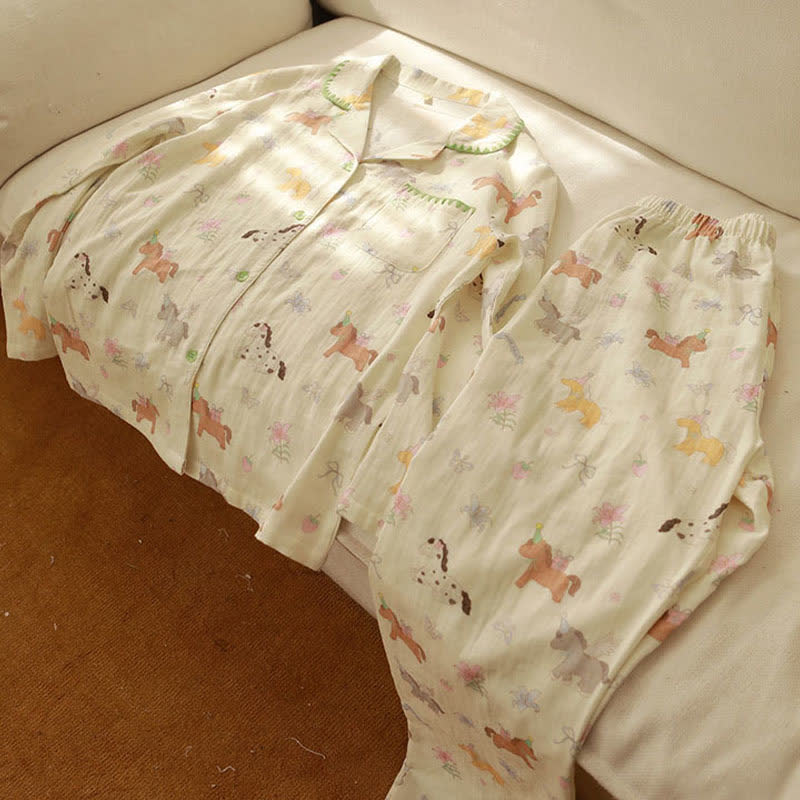 Pyjama en coton brossé à motifs de poneys et de fleurs. - image 8